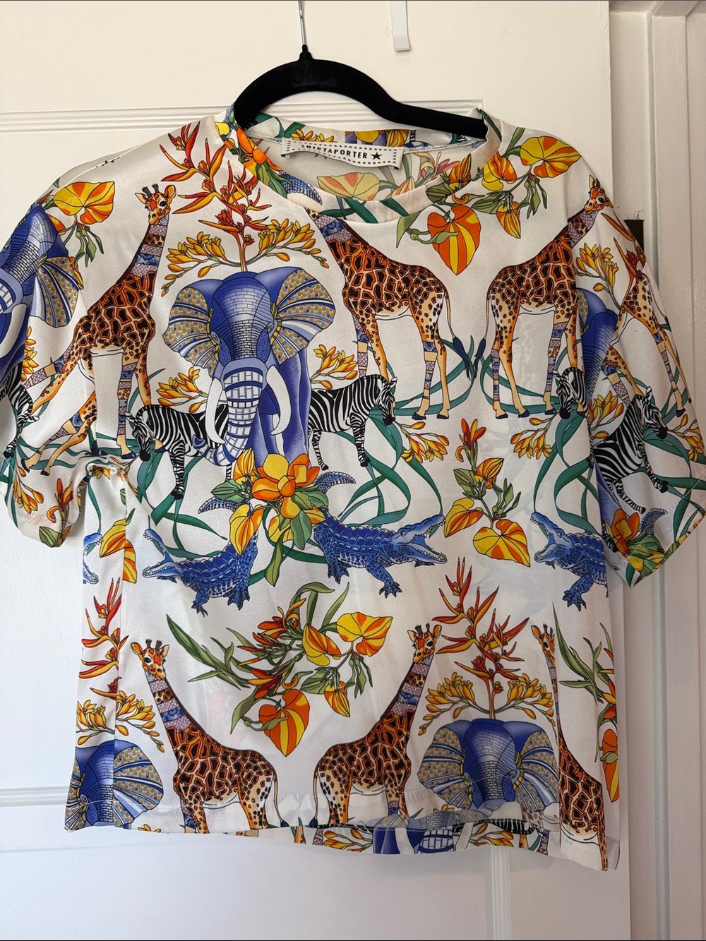 SHIRTAPORTER White Silk Safari Print Short-Sleeve Top